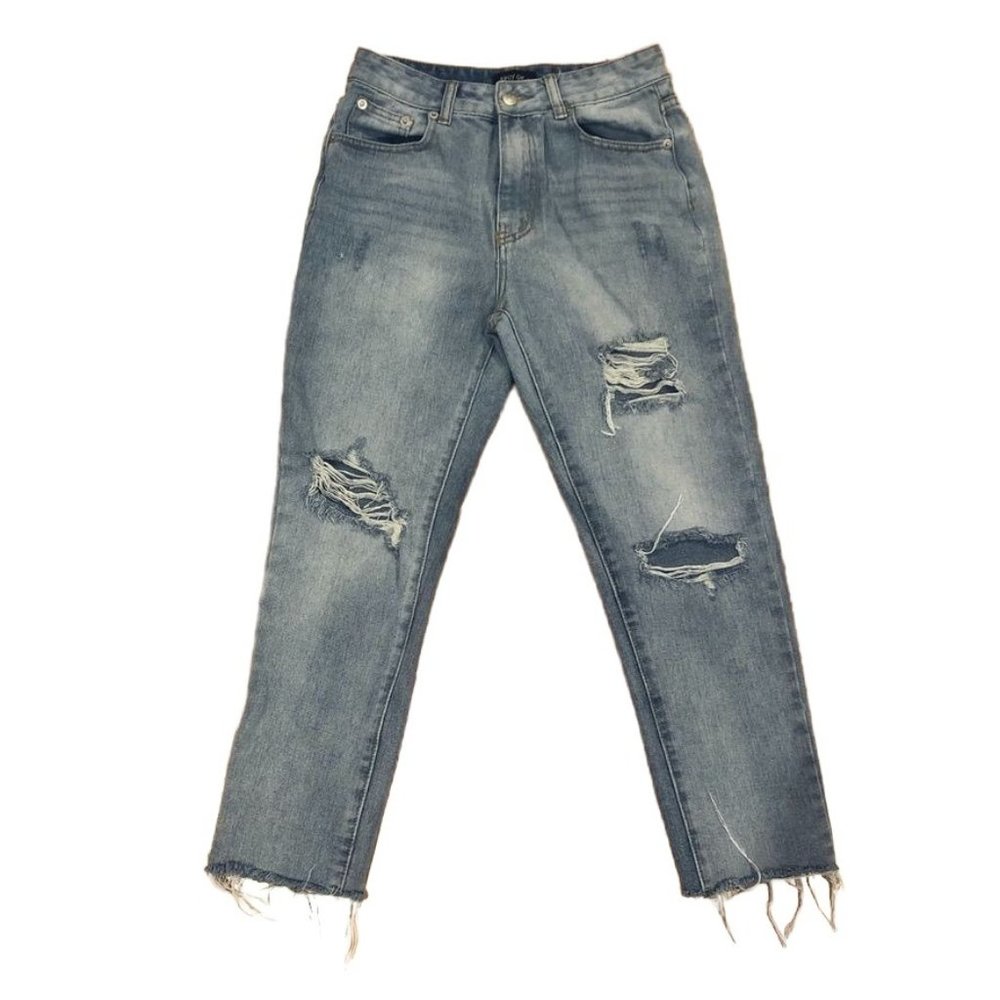 Nasty Gal Light Wash Distressed Ripped Denim Jeans Fringe Hem Womens UK 8 EU 36